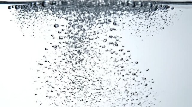 Upward-moving bubbles in transparent liquid against a white backdrop, creating an effervescent visual