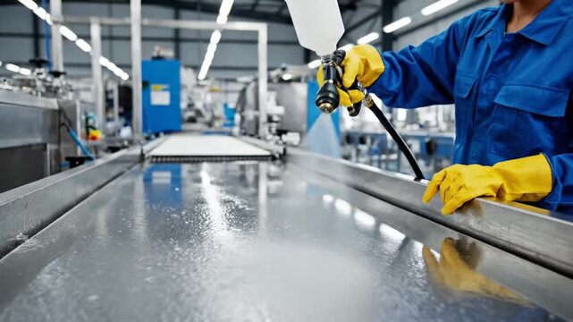 A factory worker, wearing glasses and blue coveralls, sprays a surface with an industrial tool