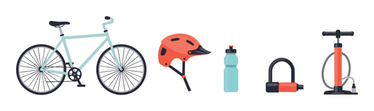 Set of bicycle equipment and accessories including a bike, helmet, water bottle, U-lock, and tire pump presented in a flat vector illustration style for cycling safety and maintenance