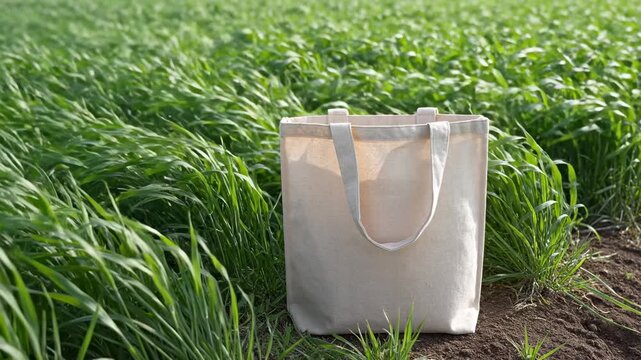 Fabric bag outdoors. A plain reusable fabric bag is placed on the ground while a light breeze ripples through the surrounding grass.