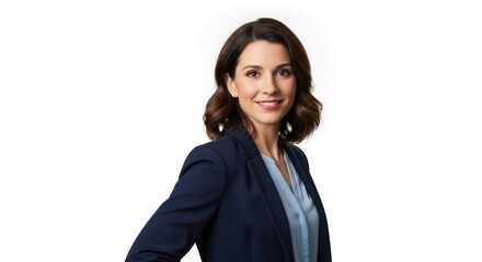 A professional woman in a dark blue blazer and light blue shirt, standing against a white background with a neutral expression.