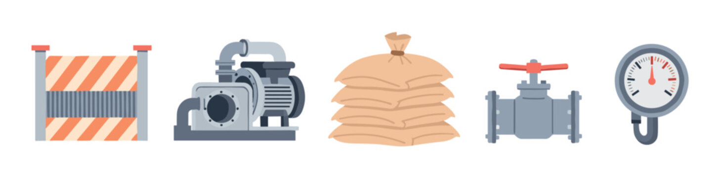 Collection of industrial and construction equipment icons including a barrier, water pump, sandbags, pipe valve, and pressure gauge in a flat vector illustration style