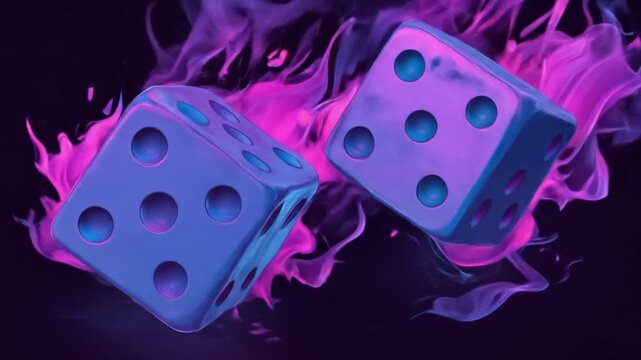Mysterious purple dice with vibrant pink and blue flames on a dark background, representing chance, luck, and gaming.