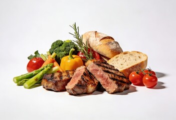 Grilled steak accompanied by an assortment of fresh vegetables and artisan bread creating a tantalizing feast showcasing culinary excellence and vibrant nutrition