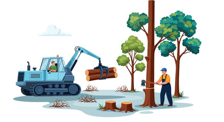 Worker cuts down a tree with an axe in a forest, while an excavator with logs approaches. Surrounding are stumps and green trees. © Risje Kfhe