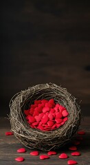 A cozy bird's nest decorated with romantic tiny red hearts symbolizes love and the warmth of home for Valentine's Day ,abstract ,love ,rustic