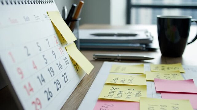 A calendar with yellow sticky notes lies on a desk next to a mug and stationery