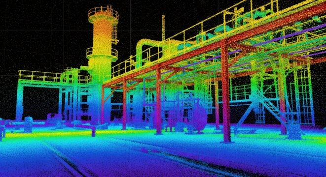 Industrial plant displayed as a colorful point cloud scan. Digital 3D model of refinery for engineering design and construction analysis.