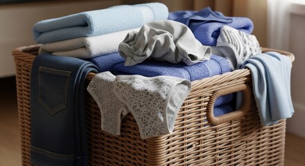 A wicker laundry basket filled with folded blue and white towels, jeans, and a pair of underwear, placed on a wooden floor with a white wall in the background.