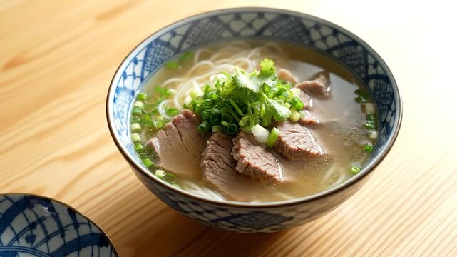 A bowl of savory noodle soup with beef, herbs, and a blue patterned rim. On wooden surface