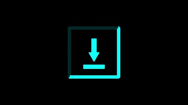Glowing cyan download button with animated progress square. Futuristic interface element isolated on alpha channel background ultra HD 4K resolution.