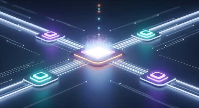 Abstract CPU concept illustrating high-speed data transfer, decentralized technology, and futuristic network connections in dark space