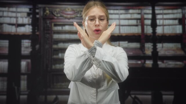 Woman in white coat with crossed arms forming an x, palms visible, standing before bookshelves in a building; defiance boundary safety.