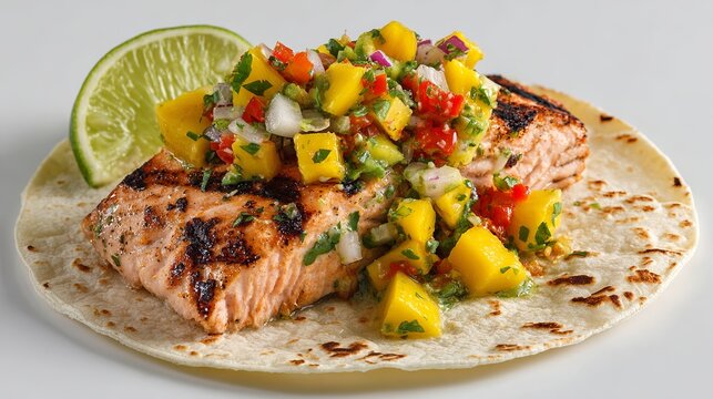 A delicious grilled salmon taco with mango salsa on a tortilla