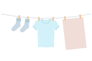 Tシャツ・タオル・靴下を物干しに干すイラスト｜洗濯と外干しのベクター素材