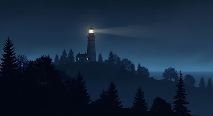 Lighthouse beam cutting through dark, foggy night over a forested coastline, guiding light and maritime safety