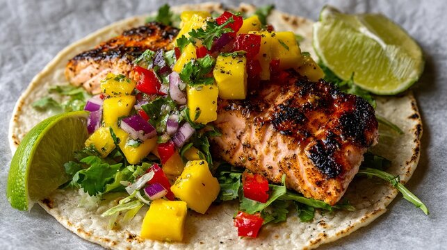 A delicious grilled salmon taco with mango salsa and lime on a tortilla
