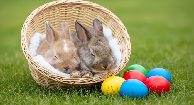 Cute fluffy baby Easter bunny sitting in a basket with colorful eggs on green grass in spring