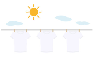 青空の下でTシャツを干す洗濯イラスト｜外干しを表すシンプルベクター