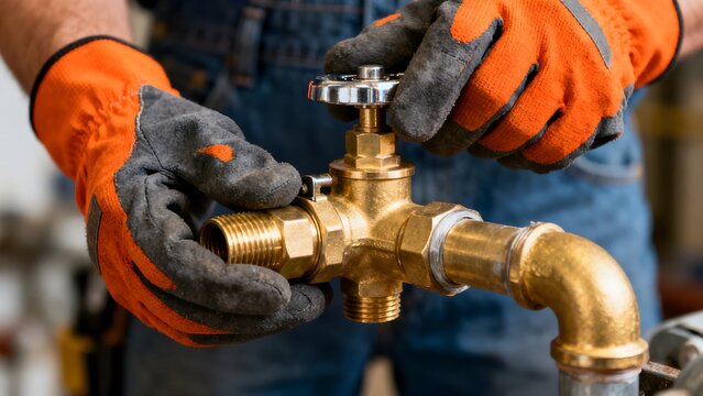 Close up of a plumber wearing orange and gray protective gloves actively installing a brass water valve onto piping system connections.
