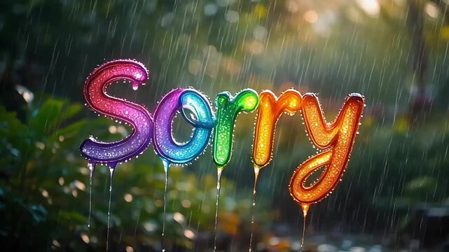 Colorful sorry balloon letters in slow motion rain with water droplets 4k cinematic footage