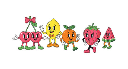 Cute Cartoon Fruit Characters Set with Happy Expressions Isolated on White Background