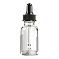 Empty glass dropper bottle with black cap isolated on transparent background