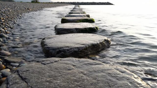 Stone path across shallow water. A calm natural scene of flat stepping stones forming a path across shallow water toward solid land.