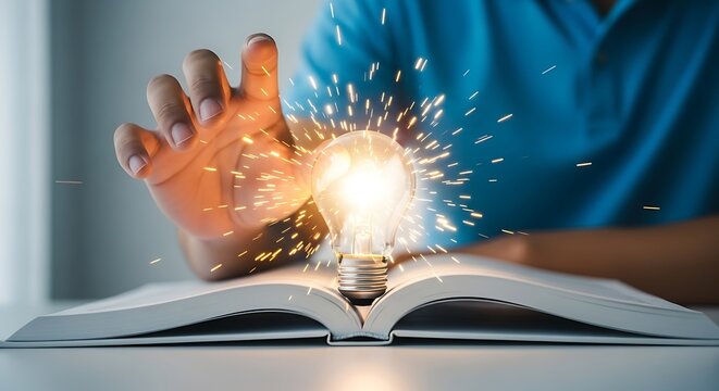 Person holding hand near light bulb on open book sparks fly  idea generation