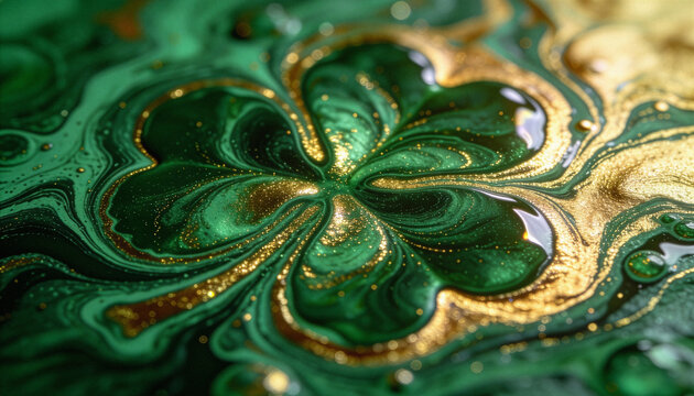 Liquid gold and emerald green fluid art clover pattern with glitter for st patricks day abstract luxury background texture