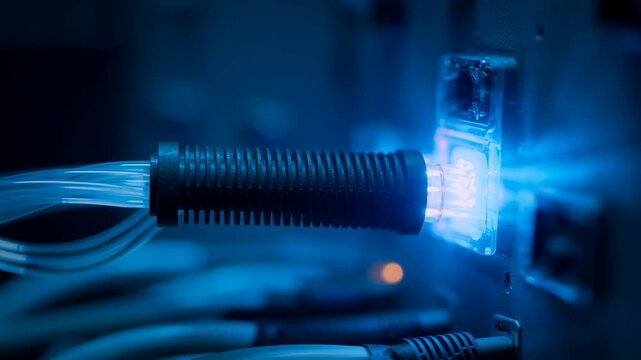 Digital cable connection glowing blue light technology industry network data transfer fiber optic internet communication electronic hardware plug