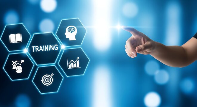 A hand pointing to a training icon on a blue background with hexagons
