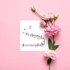 Fototapeta premium Pastel pink floral arrangement with sheet music