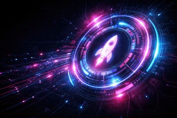 Obraz premium A vibrant digital illustration of a rocket launching, surrounded by colorful, dynamic light patterns representing technology and innovation.