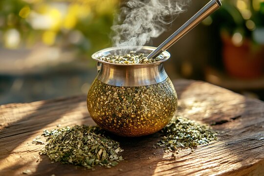 Steaming mate gourd with bombilla on a rustic wooden table, surrounded by dried yerba mate leaves.