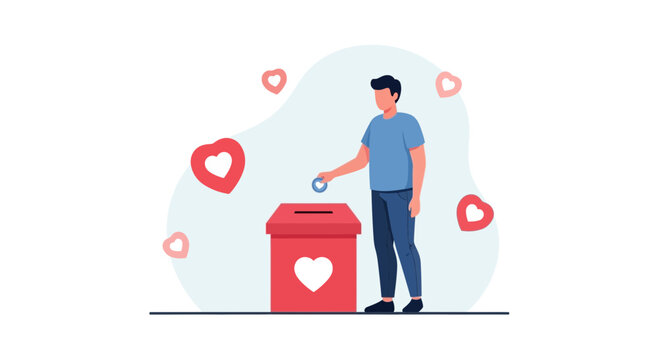 Generosity Concept Illustrated By A Person Donating To A Charity Box With Hearts