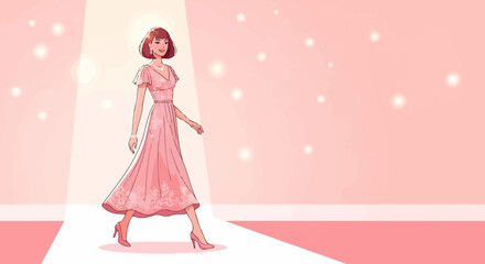 Fototapeta premium Glamorous Woman Struts Down Fashion Runway In Elegant Pink Gown