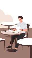 Fototapeta premium Focused Professional Working At A Cafe Table With Coffee And Notes