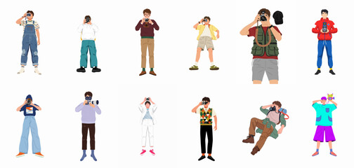 Fototapeta premium Set of twelve illustrated characters in various outfits taking photos with different vintage and modern cameras, isolated on white.