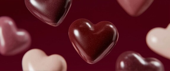 Fototapeta premium Close-up view of luxurious heart-shaped chocolate decorations in shades of burgundy and pink, set against a rich background, showcasing a romantic and artistic presentation.