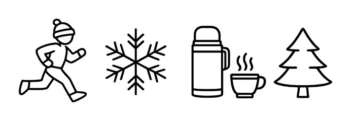 Winter activities and warmth icons: runner, snowflake, thermos, hot drink, tree