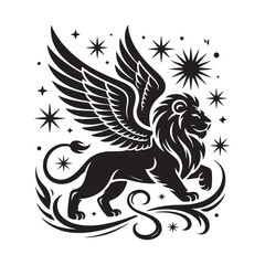 Stylized black silhouette of a powerful winged lion in a dynamic pose, surrounded by celestial stars and swirling artistic flourishes. © ZoomX