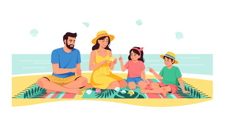 Happy Family Enjoying Beach Picnic Seaside Recreation With Children