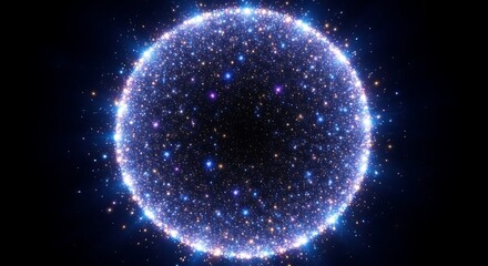 Cosmic sphere made of glowing blue and purple stardust, sparkling against a black background