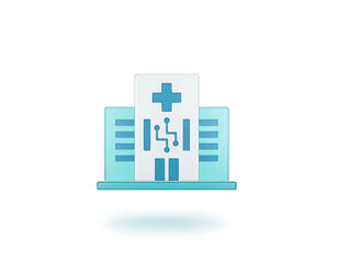 Fototapeta premium Hospital building icon with medical cross and network symbols, symbolizing modern healthcare facility with digital connectivity and data.