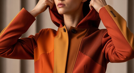 Stylish Woman Adjusting Hood of Modern Color Block Jacket in Warm Autumn Tones