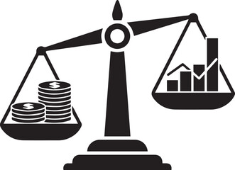 Scales of justice vector silhouette illustration balancing money and financial growth charts