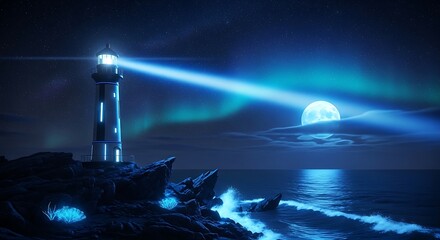 Majestic lighthouse on a rocky shore under a starry night sky with aurora borealis and a full moon
