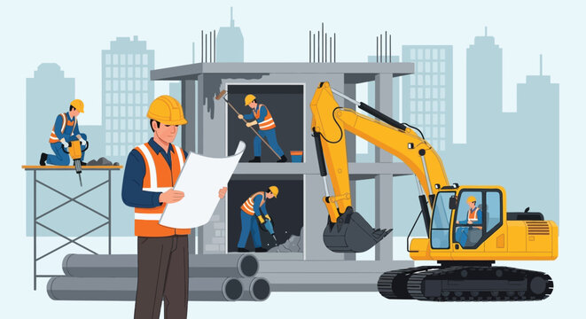 Construction site with workers in safety gear operating an excavator, reading blueprints, and working on a building. City skyline in background.