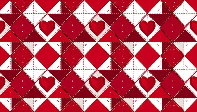 Quilted pattern red, white squares & triangles, dotted lines, hearts